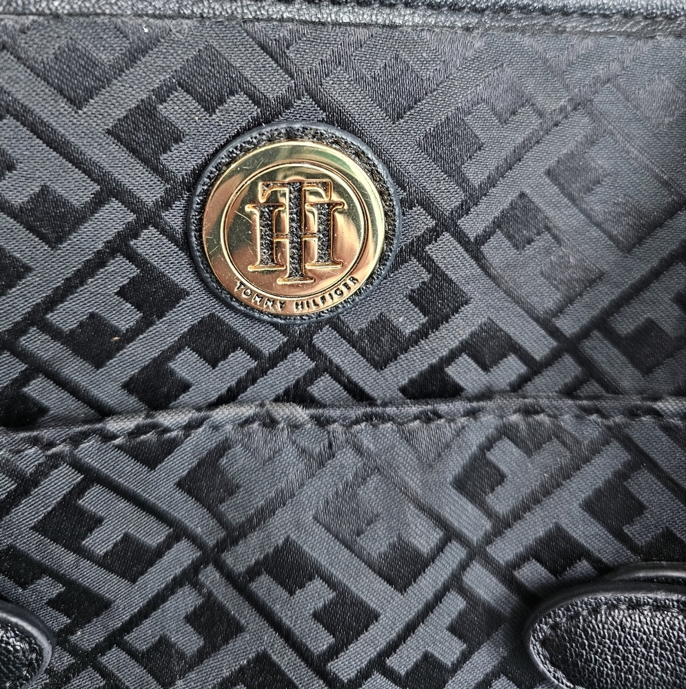 Tommy Hilfiger Black Monogram Satchel Bag Purse Classic Preppy Tote Handbag - Picture 6 of 8